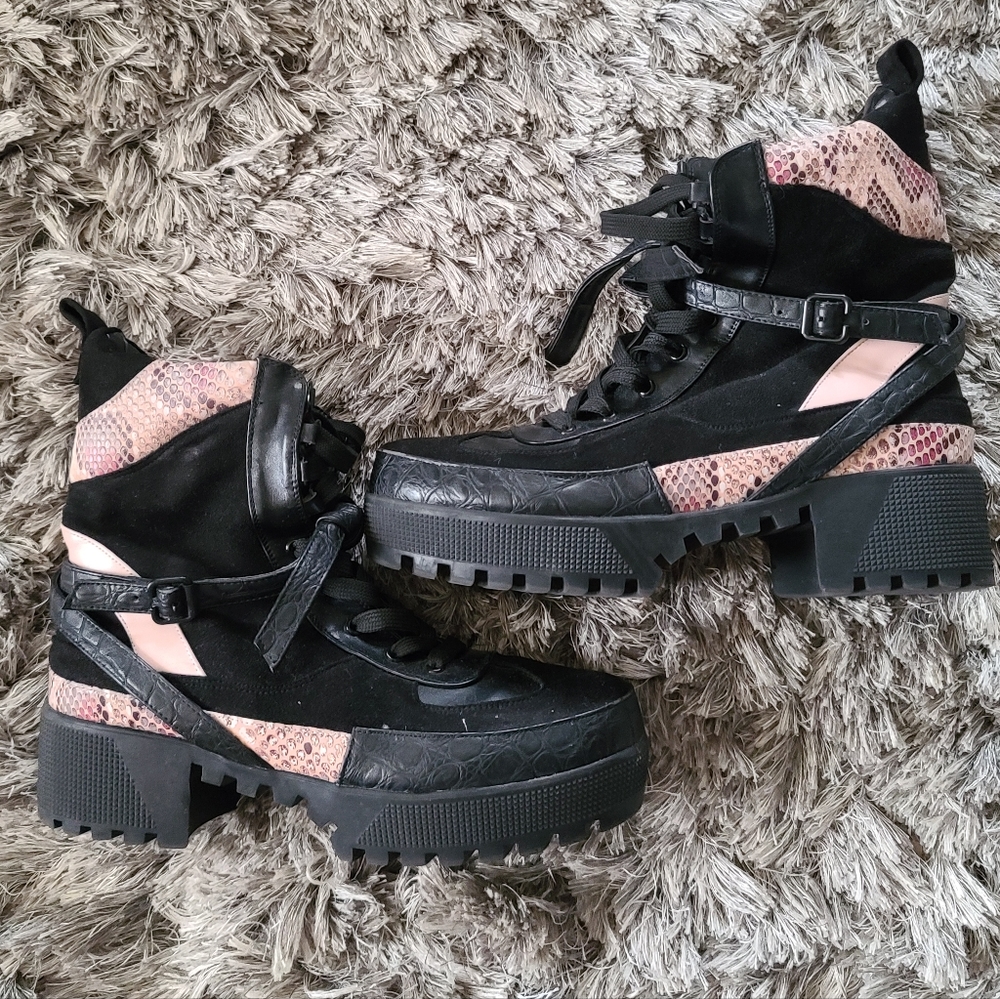 LaModa Snakeskin Embellished Combat Boots